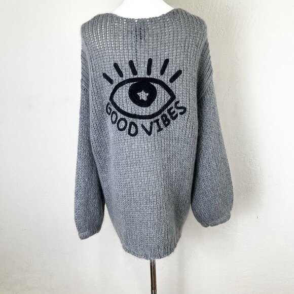 Me369 Brooklyn Natural Sweater Embroidered "Good Vibes" Wool Mohair Size XS/S - Picture 1 of 11